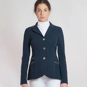 Veste d'équitation personnalisée pour femme, bleu marine, avec passepoil doré, poche zippée, pour concours d'équitation, OEM - Product Image 1
