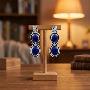 Gourik Classic 925 Sterling <b>Silver</b> Natural Lapis Lazuli Gemstone Cabochon Teardrop Oval <b>Silver</b> Plated Claw Setting <b>Stud</b> <b>Earrings</b> - Product Image 5
