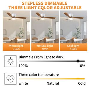 Ventilateur de plafond LED moderne en bois blanc de 52 pouces avec lumières et télécommande, 6 vitesses, réversible, montage encastré - Product Image 3
