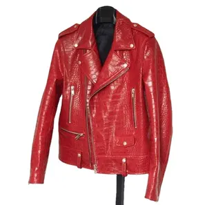 Gerçek deri baskılı timsah kabartmalı kırmızı motosiklet tarzı ceket