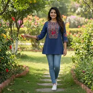 Women <b>Navy</b> Blue Embroidered Tunic <b>Top</b> Three Quarter Sleeve Loose Fit Ethnic Casual Blouse Floral Print Everyday Indian Fashion - Product Image 3