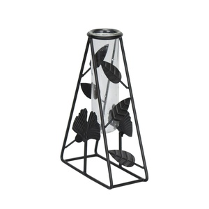 Vase de table industriel en fer avec tube en verre, hauteur 20 cm, motif feuille noire, support décoratif pour fleurs - Product Image 4