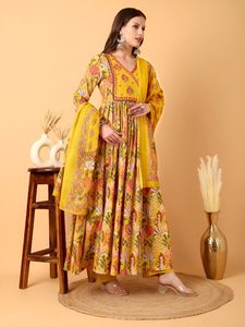 Women Yellow Floral Printed Cotton Anarkali <b>Suit</b> <b>Trouser</b> Dupatta V-Neck Regular Fit Knee-Length Quick Dry Traditional Casual - Product Image 1