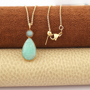 Hip hop necklace natural labradorite amazonite cabochon gemstone pendant necklace 18k gold plated brass jewelry chain necklace - Product Image 3