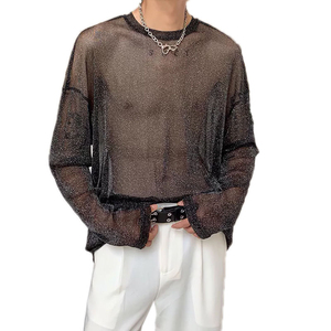 T-shirt ample en maille transparente à motif personnalisé pour homme, coupe carrée, manches longues, col ras du cou, style streetwear transparent pour les soirées et les fêtes - Product Image 1