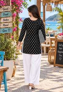 Vestido corto tipo kurti para mujer, con estampado floral negro, manga larga, cuello cuadrado, tejido de rayón, estilo casual y étnico. - Product Image 2