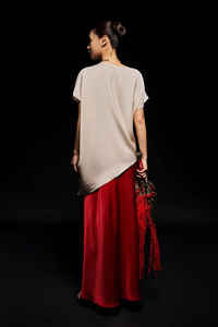 Regular Fit 2-Piece Long Set Silk Blend Plain Dyed Full Length Crew Neck Short Sleeve Casual Solid Breathable Dressy - Product Image 2