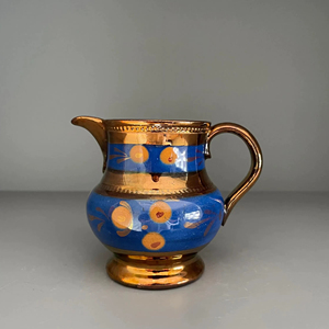 Vintage Ceramic Pitcher Blue Gold Floral Design Pottery <b>Jug</b> for <b>Drinks</b> Party Use - Product Image 1