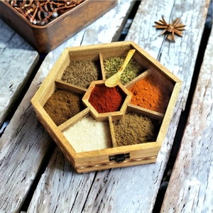 Luxury Wooden Spice <b>Box</b> Set Brass Masala Dabba Container Round Kitchen Spice Storage Organizer Holder with Brass Lid Spoon - Product Image 3