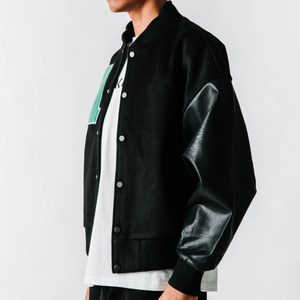 Blouson Bomber Homme Streetwear Hiver 100% Laine Toile Respirante Broderie Cristal Manches en Cuir Véritable Fermeture Éclair Avant - Product Image 2