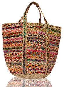 Tyntra Large Capacity Fold Design Jute <b>Tote</b> Handbag Letter Pattern Multi-Colored Handmade <b>Beach</b> Party Shopping <b>Bag</b> for Women - Product Image 5