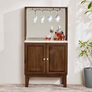 Dark Walnut Bar Cabinet with Marble Top and Wine Glass <b>Rack</b> Storage Console for <b>Drinks</b> Organization - Product Image 2