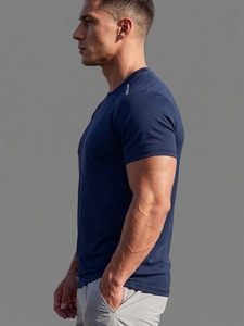 <b>Men's</b> <b>Navy</b> <b>Blue</b> Short Sleeve Slim Fit Quick Dry O-Neck T-<b>Shirt</b> Casual Knitted Polyester Workout Top - Product Image 1