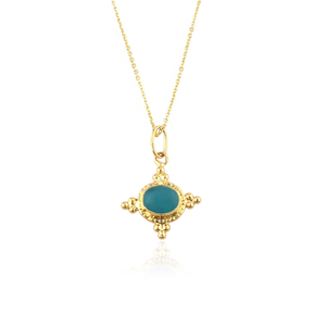 Collier en pierres précieuses pour usage quotidien, pendentif ovale en calcédoine aqua, plaqué or 18 carats, avec cadre de perles design. - Product Image 1