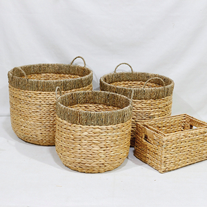 Panier de rangement rustique en jacinthe d'eau naturelle avec cadre en jonc de mer, forme circulaire, ensemble de paniers écologiques pour le linge et l'organisation de la maison - Product Image 3