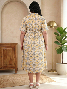 Ensemble de vêtements pour femmes en coton imprimé Ikat, col chemise, jaune, taille plus, robe de maternité, manches courtes, motif tissé décontracté, vêtements de grossesse - Product Image 4