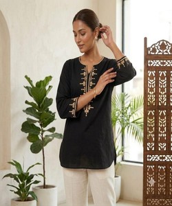 Kurta Tradicional de Algodón para Mujer con Bordado, Corte Holgado, Estilo Informal, Estilo India-Pakistán, para Todas las Temporadas 86845 BLUESTAR- BS...177 - Product Image 2