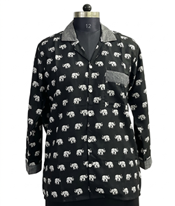 Handmade Crepe Silk Night Suit Black Elephant Print Pajama Set Women Comfortable Sleepwear With Border Masterpiece Nightwear - Product Image 1