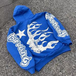 Sweat à capuche surdimensionné unisexe de haute qualité en éponge française bleue personnalisable avec logo brodé en coton lourd Streetwear pour hommes - Product Image 3