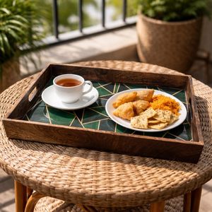 Bandeja de Servir de Madera con Diseño Geométrico para Desayuno, Rectangular, Multiusos, con Asas, Disponible para Hoteles y Cafeterías - Product Image 5