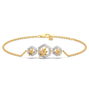 Bracelet en diamant botanique à triple hexagone avec chaîne en or jaune et motif de feuille sculptée au centre - Product Image 2