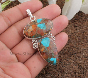 Pendentif en turquoise naturelle vintage en gros, en argent sterling 925 plaqué platine, avec breloque cœur en pierre précieuse rose, fabricant de bijoux - Product Image 1