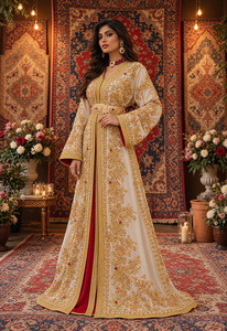 Caftán Marroquí Rojo Marfil Mishkat Couture con Bordado a Mano Dorado Intrincado, Vestido Maxi de Terciopelo Plumado Transpirable para Mujeres Musulmanas, Vestido de Novia - Product Image 5