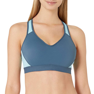 Women Navy <b>Blue</b> Sports <b>Bra</b> Light <b>Blue</b> Accents Racerback High Support Yoga Activewear Seamless Breathable Eco-Friendly Front - Product Image 3