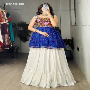 Festival wear Rayon Cotton with Plain & Frilled Flared <b>White</b> <b>Lehenga</b>-Bandhani Print & Embroidery Kediya Top Pair Indian Exporter - Product Image 1