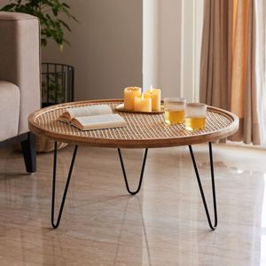 Mesa de Centro Moderna de Ratán con Tapa Redonda y Patas de Hierro, Mueble Hecho a Mano para Sala de Estar, Diseño Escandinavo - Product Image 1