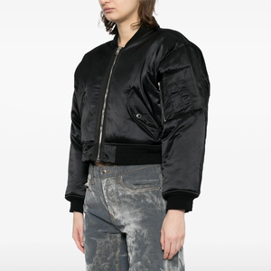 Black Satin Bomber <b>Jacket</b> With Stand Collar And Zipper Closure For Autumn Casual Wear - Product Image 5