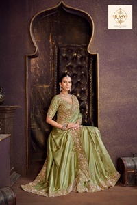 Sari de Seda Kanjivaram Verde Oliva RASV para Mujer, Bordado Intenso, Tradicional para Bodas, de Secado Rápido y Sin Arrugas - Product Image 4