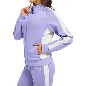 Conjunto Deportivo de Mujer con Cuello Alto, Chaqueta con Cierre Completo de Mezcla de Algodón y Spandex, Leggings de Cintura Alta, Texturizado, para Deporte y Descanso - Product Image 3
