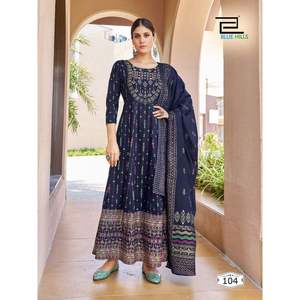 VESTIDO ESTAMPADO DE LAMINA DE RAYÓN TENDENCIA CON DUPATTA AZUL MARINO - Product Image 1