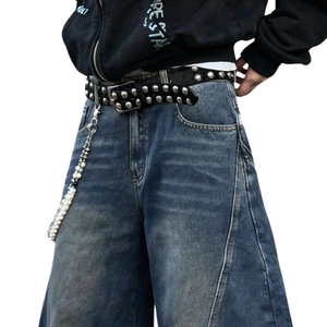 Jean en denim bleu foncé pour homme, coupe large et ample, respirant, délavé, style décontracté streetwear, avec détail de chaîne sur les poches, type pantalon de charpentier - Product Image 3