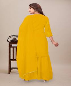 NOUVELLE ARRIVÉE : Ensemble Sharara en Georgette avec Broderies et Dupatta – Tenue de Cérémonie – Prix de Gros – Vêtement Ethnique en Coton Tissé Jaune - Product Image 3