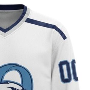 Men White Navy Blue Sublimated Ice Hockey Printable Polyester V Neck Jersey Long Sleeve <b>Athletic</b> Sports Uniform Apparel - Product Image 6