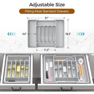 Organizzatore per posate da cucina espandibile extra large, senza BPA, per alimenti, in argento, per cassetti e utensili - Product Image 2