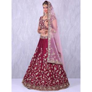 Maroon <b>Applique</b> Embroidery Work Banglory Silk Lehenga Choli - Product Image 6