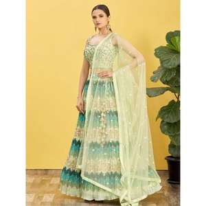 Charmant travail brodé vert Chinon réception Lehenga Choli - Product Image 1