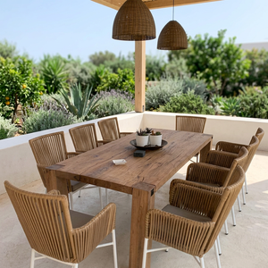 Conjunto de comedor para exterior de 4/6/8 plazas con cojines marrones, mesa de jardín OEM, sillas con estructura de madera y aluminio, resistente a la intemperie, conjunto para balcón. - Product Image 5