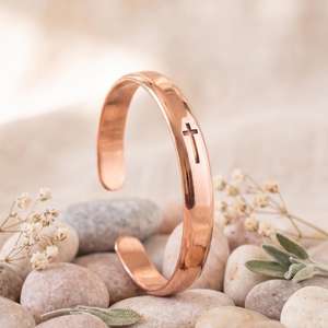 Handmade <b>Engraved</b> Cross Pure Copper Cuff <b>Bangle</b> Bracelet Solid Metal Copper Craft Christian Religious Jewelry For Men Women OEM. - Product Image 1