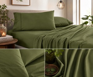 Parure de lit 4 pièces de luxe 500 TC Queen Size vert olive foncé, draps soyeux et doux au toucher, avec drap-housse à poches profondes - Product Image 1