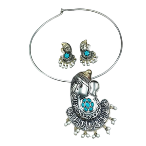 Conjunto de Collar de Plata Oxidada con Dijes de Ganesha, Turquesa y Perlas - Joyería Étnica India para Mujer, Color Azul Cielo - Product Image 4