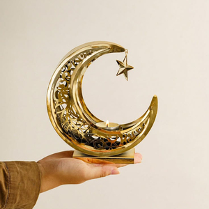 Candelabro Islámico de Lujo con Forma de Luna Creciente y Estrella, de Metal Dorado, Decoración de Mesa para Ramadán y Eid, Portavelas para Decoración del Hogar - Product Image 1