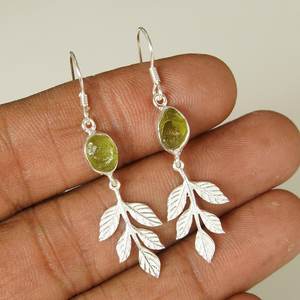 Handmade Raw <b>Peridot</b> Leaf Dangle <b>Earrings</b> 925 Sterling Silver Gemstone Jewelry - Product Image 3