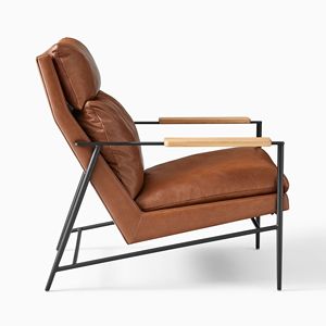 Fauteuil de salon moderne en cuir avec pieds en métal et accoudoirs en bois, dossier solide, design ergonomique pour usage intérieur - Product Image 3