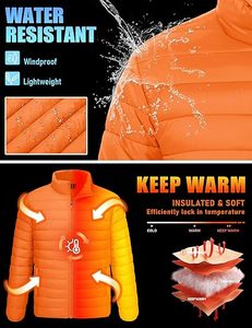 Chaqueta de Plumón Ligera Acolchada Naranja para Hombre, Cierre de Cremallera, Cuello Alto, Corte Regular, para Otoño y Actividades al Aire Libre - Product Image 4