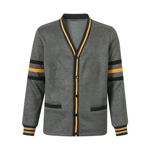 Alpha Dark Grey Thick Wool/Cashmere Fleece <b>Cardigan</b> V Neck Knit <b>Chenille</b> Front Letters Covered Button Casual Winter Sweater - Product Image 1