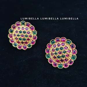 18K Gold Plated Circle Stud Earrings with Hand Set Kemp Stone and Zircon - Product Image 3